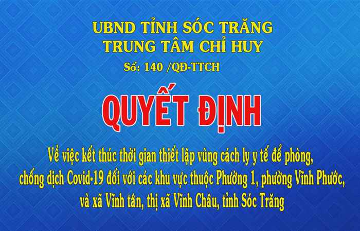 Quyết định về việc kết thúc thời gian thiết lập vùng cách ly y tế để phòng, chống dịch COVID-19 đối với các khu vực thuộc Phường 1, phường Vĩnh Phước và xã Vĩnh Tân, thị xã Vĩnh Châu, tỉnh Sóc Trăng 